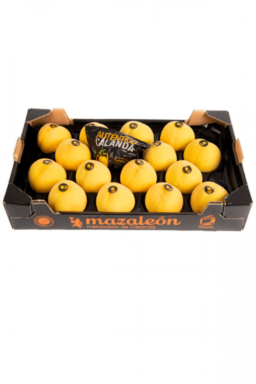 Caja melocotón amarillo embolsado D.O.P. Melocotón de Calanda calibre 16.
