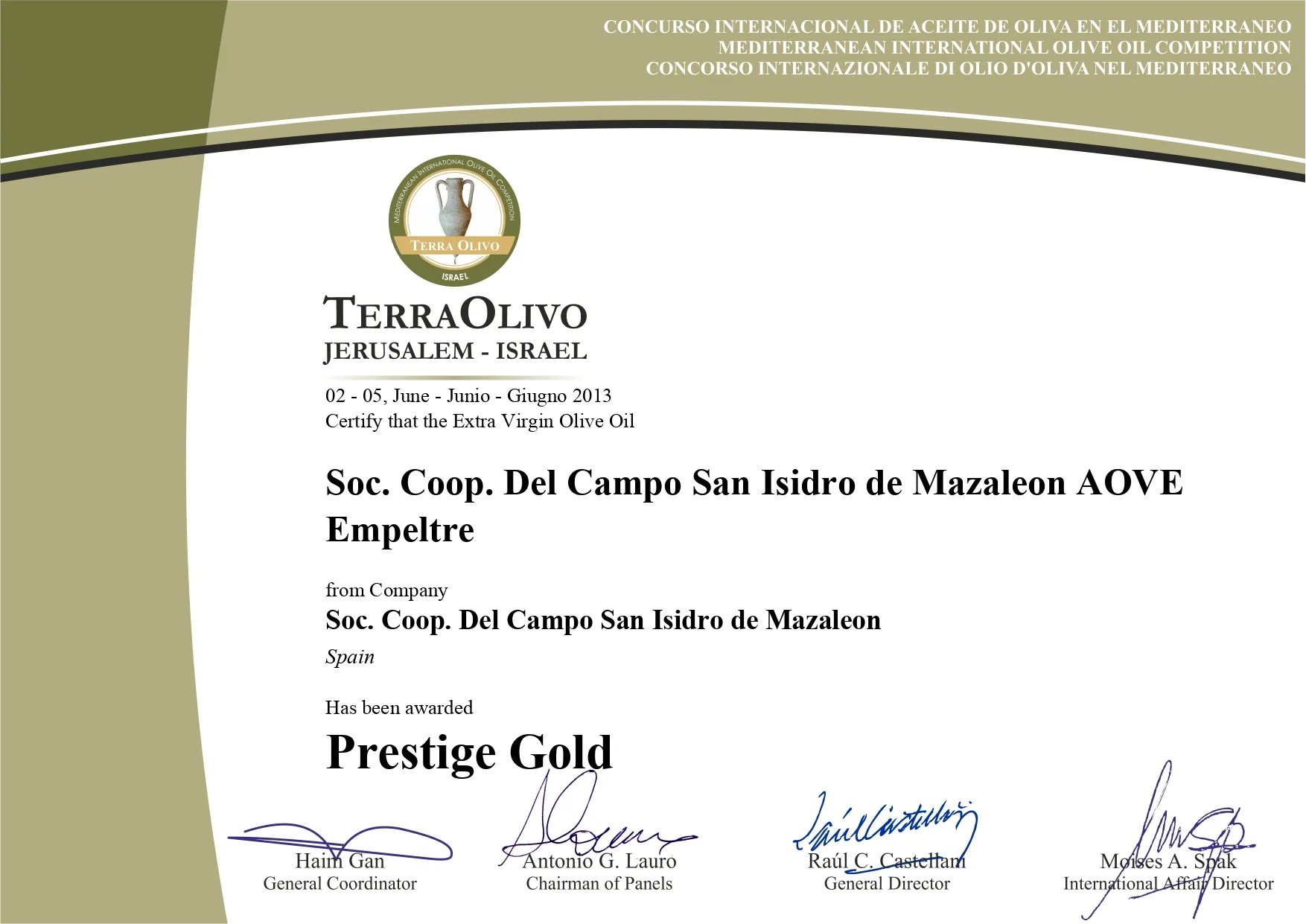Certificado Terra Olivo 2013