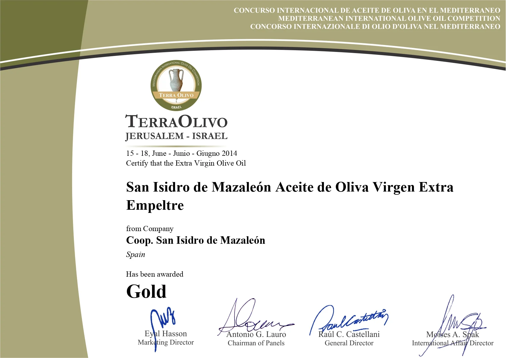 Certificado Terra Olivo 2014