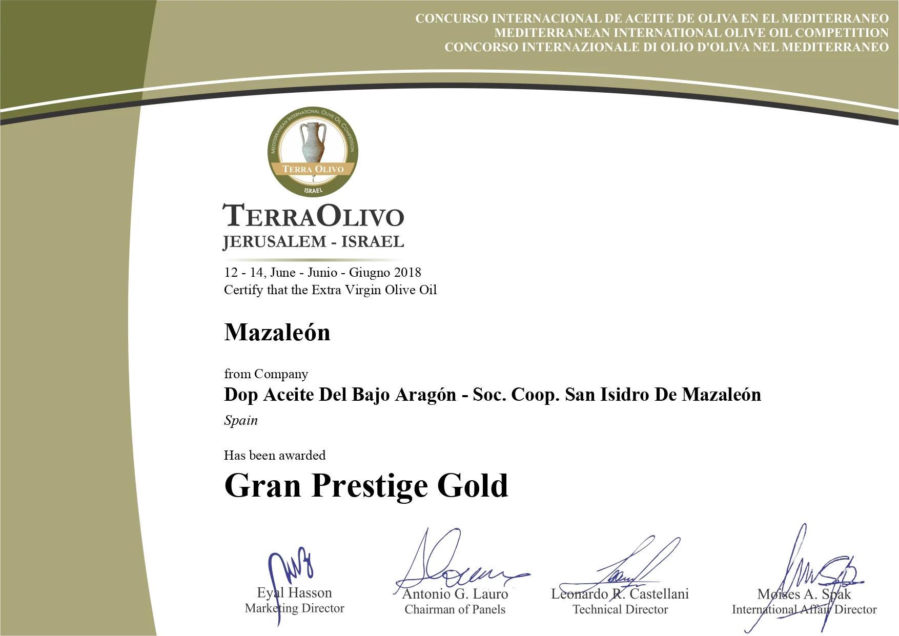 Certificado Terra Olivo 2018