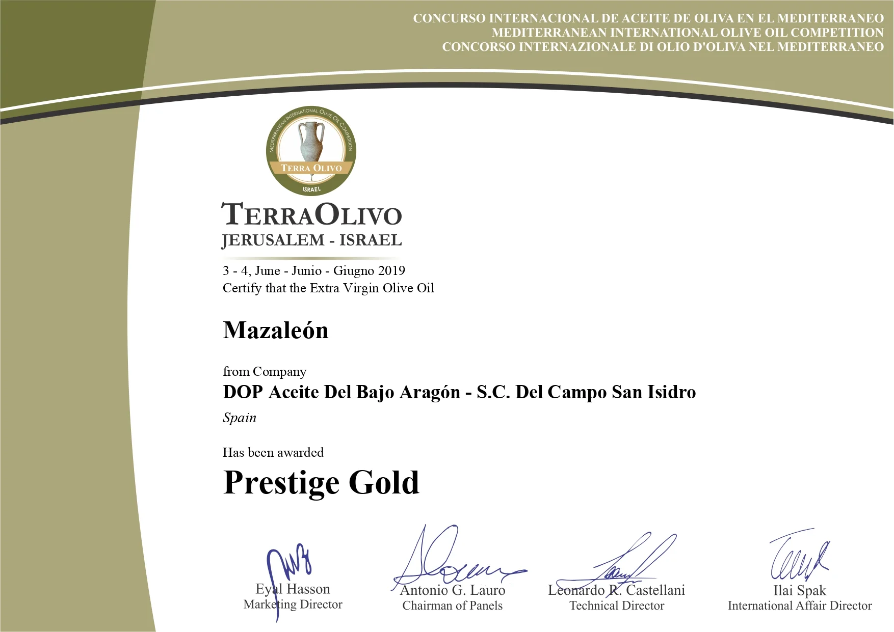 Certificado Terra Olivo 2019