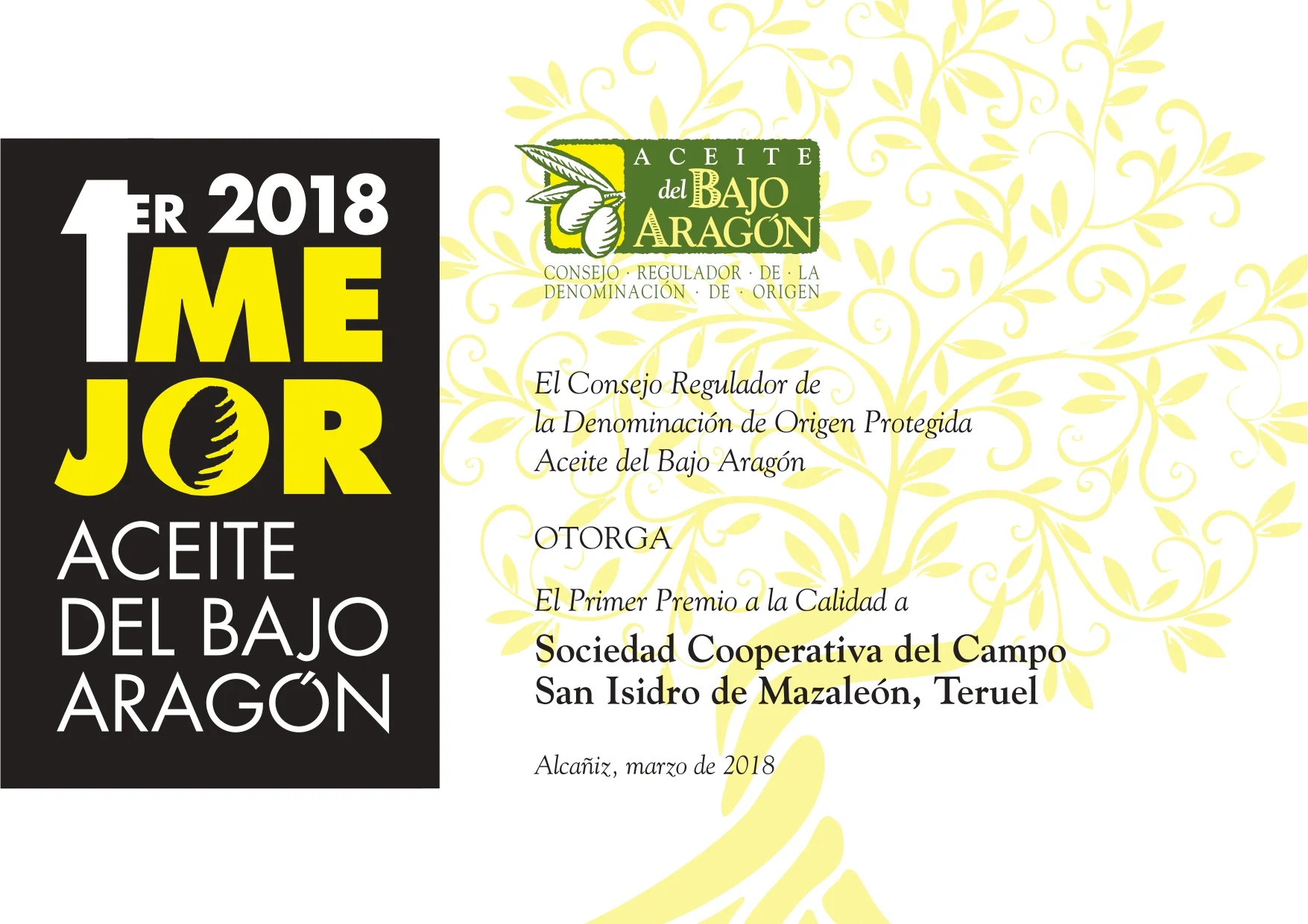 Premio al mejor aceite del Bajo Aragón 2018